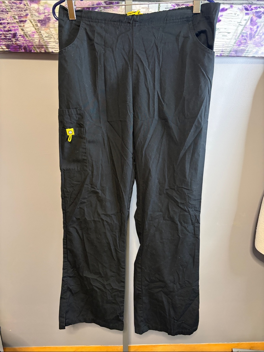 Women’s Spread Good Cheer  Black Cargo Scrub Pants with Yellow Accent Size MTall
